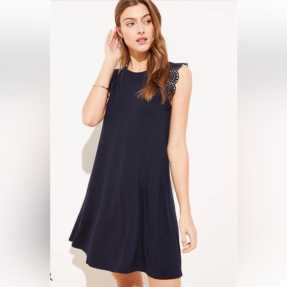 LOFT NAVY Lace Trim Swing Dress